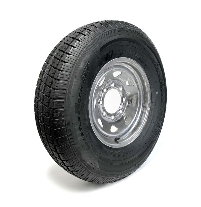 Pneu radial 235/85R16 12 plis LRF 3960 lbs Castle Rock et jante 16" 8 trous galvanisée